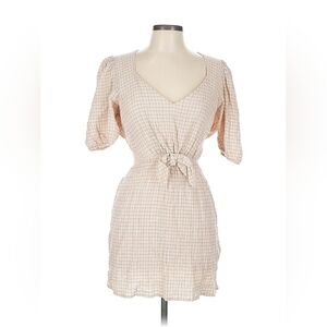 Zara Soft Pink Checkered Cotton and Linen Blend Dress | Large